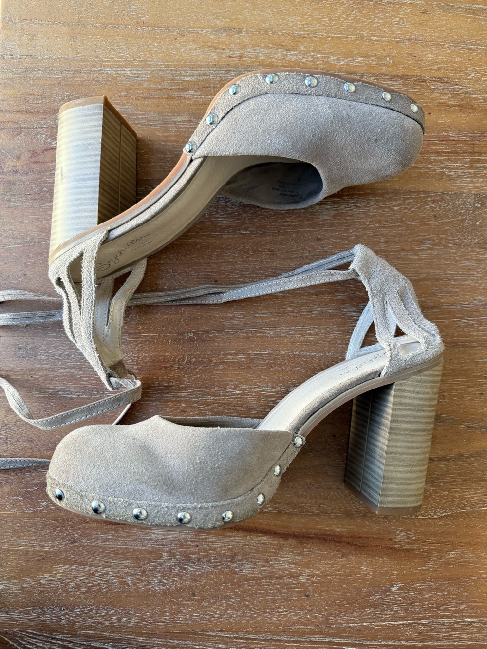 Seychelles Taupe Suede Tie-Ankle Studded Block Heels